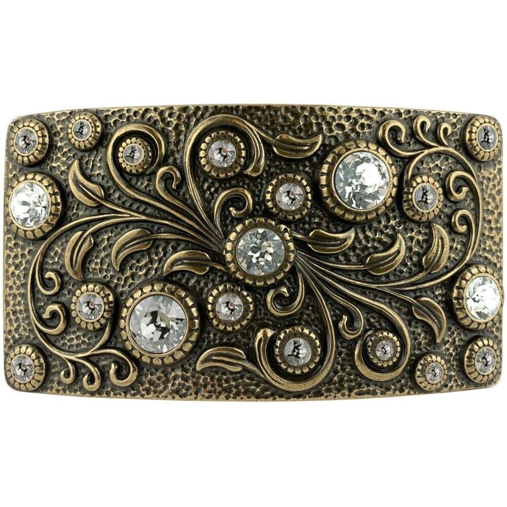 Women's Brass Crystal Rhinestone Crystal Antique Rectangle Floral Belt Buckle